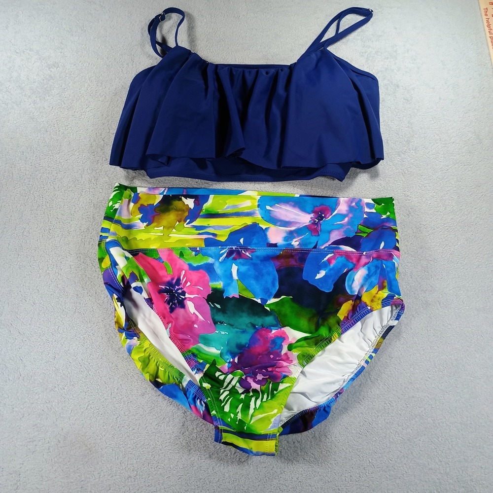 Tara Grinna Women Swimsuit Floral High Waisted Blue Multi‎ 18 Ruffle Two Piece